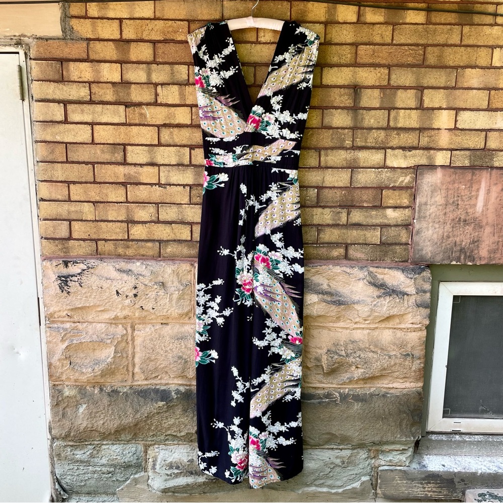 Black Peacock and Floral Print Maxi Dress